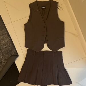 Zara Chocolate Brown Vest and Pleated Skirt Set